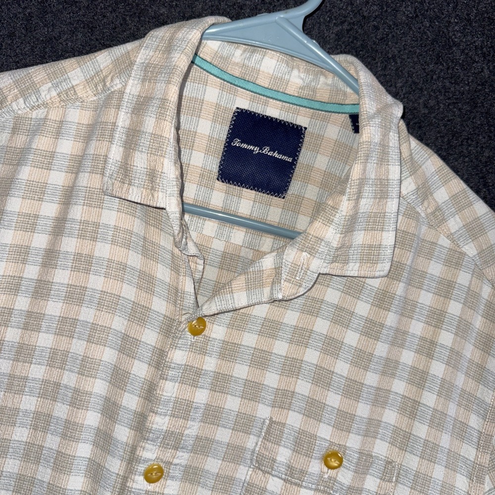 Tommy Bahama Cream and Tan Plaid Casual Button-Down Shirt